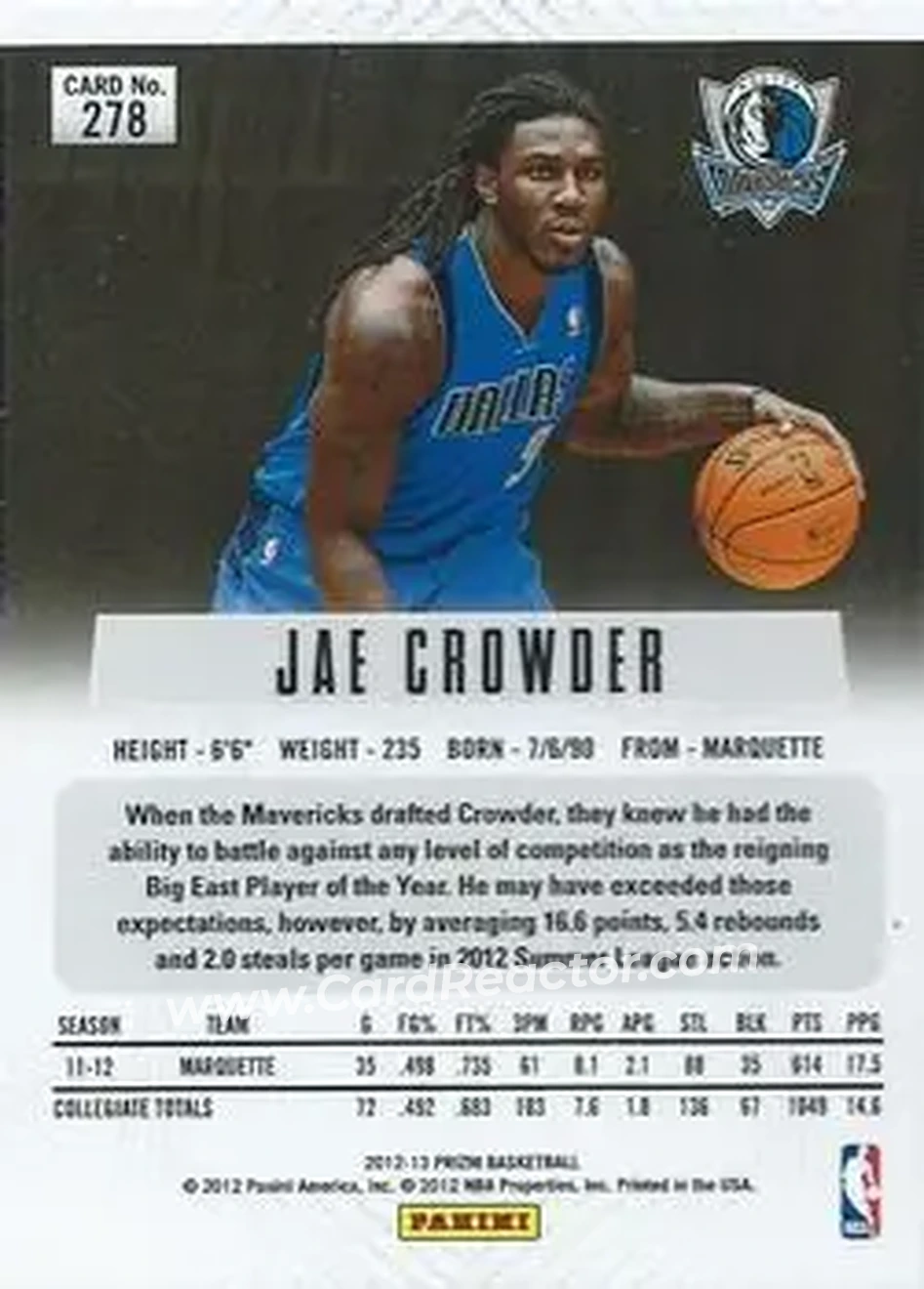 2012-13 Panini Prizm #278 - Jae Crowder - Dallas Mavericks - Back