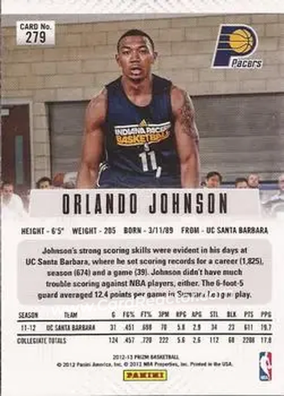 2012-13 Panini Prizm #279 - Orlando Johnson - Indiana Pacers - Back