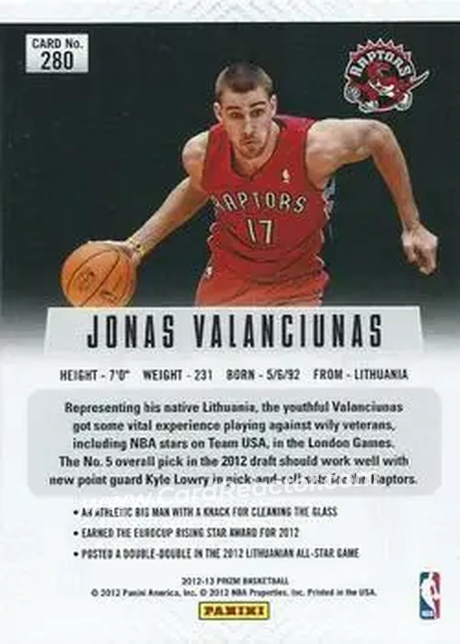 2012-13 Panini Prizm #280 - Jonas Valančiūnas - Toronto Raptors - Back