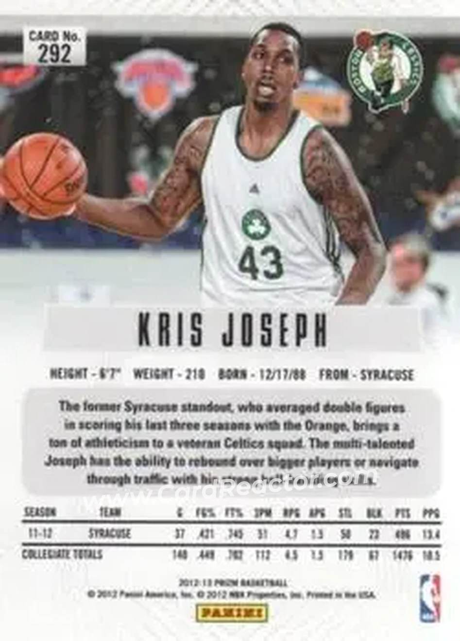 2012-13 Panini Prizm #292 - Kris Joseph - Boston Celtics - Back 2012-13 Panini Prizm #292 - Kris Joseph - Boston Celtics - Back