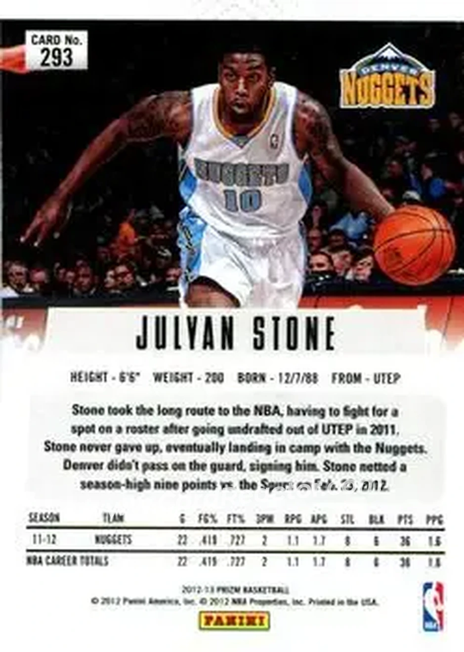 2012-13 Panini Prizm #293 - Julyan Stone - Denver Nuggets - Back 2012-13 Panini Prizm #293 - Julyan Stone - Denver Nuggets - Back