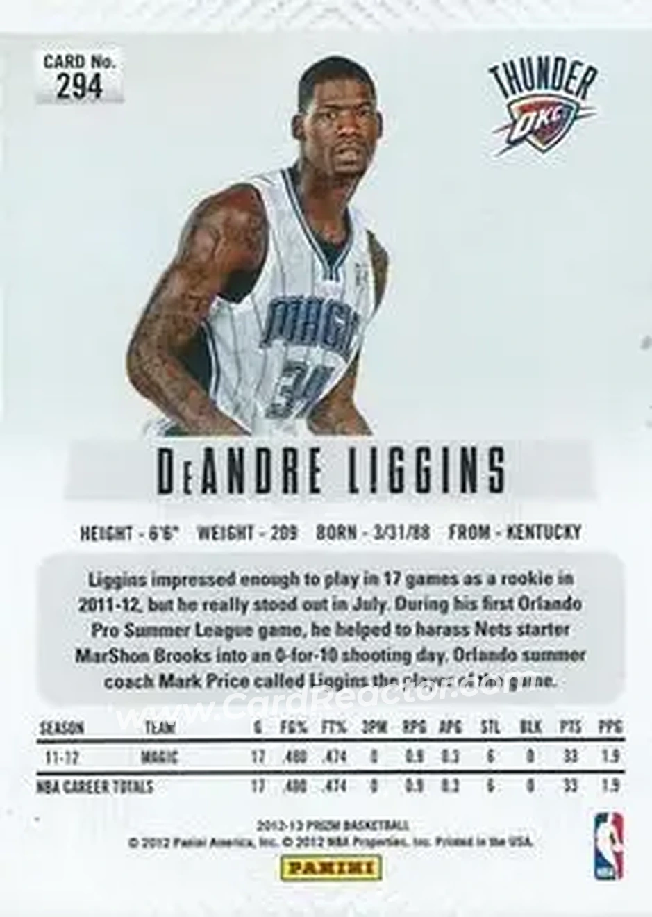 2012-13 Panini Prizm #294 - DeAndre Liggins - Oklahoma City Thunder - Back