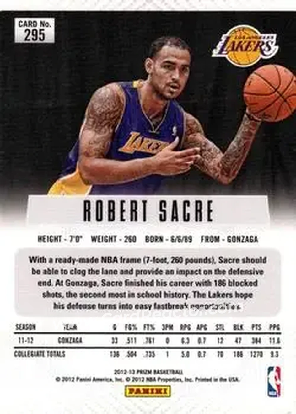 2012-13 Panini Prizm #295 - Robert Sacre - Los Angeles Lakers - Back
