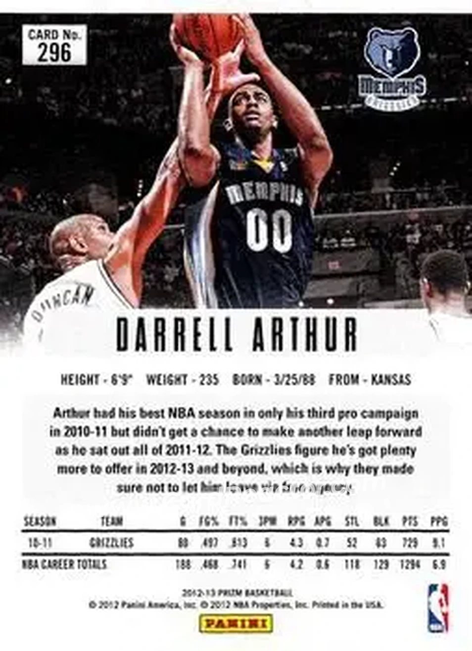 2012-13 Panini Prizm #296 - Darrell Arthur - Memphis Grizzlies - Back 2012-13 Panini Prizm #296 - Darrell Arthur - Memphis Grizzlies - Back
