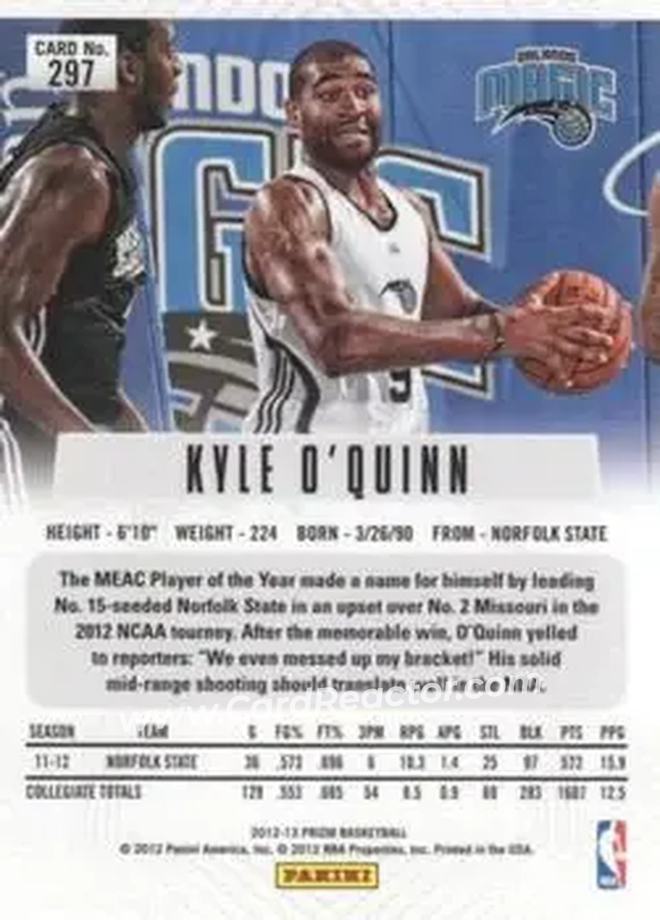2012-13 Panini Prizm #297 - Kyle O'Quinn - Orlando Magic - Back