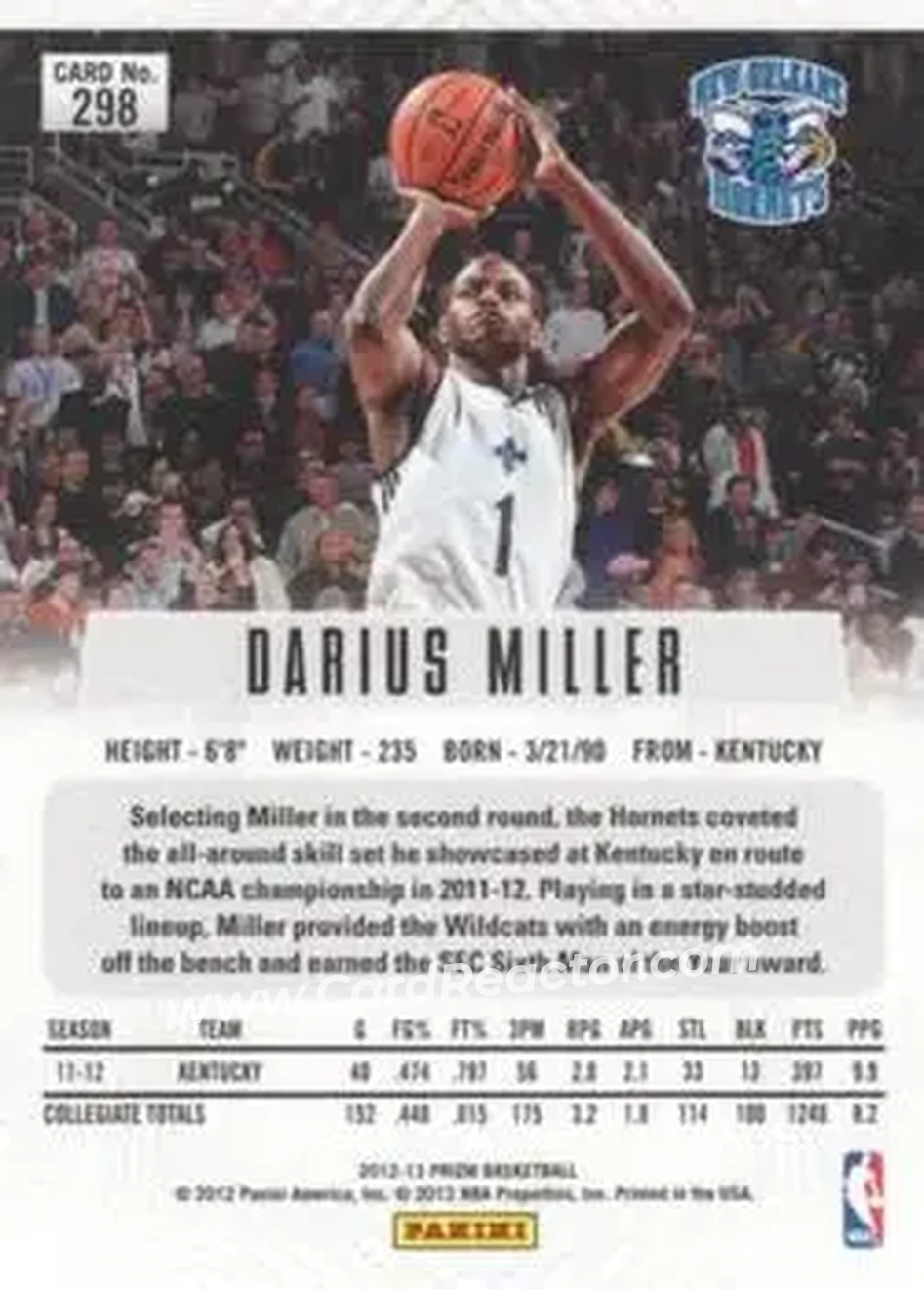 2012-13 Panini Prizm #298 - Darius Miller - New Orleans Hornets - Back
