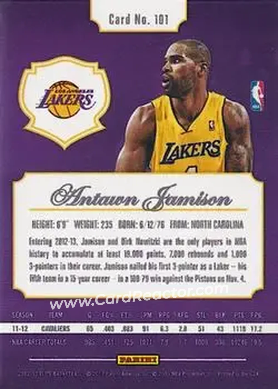 2012-13 Panini Elite #101 - Antawn Jamison - Los Angeles Lakers - Back 2012-13 Panini Elite #101 - Antawn Jamison - Los Angeles Lakers - Back
