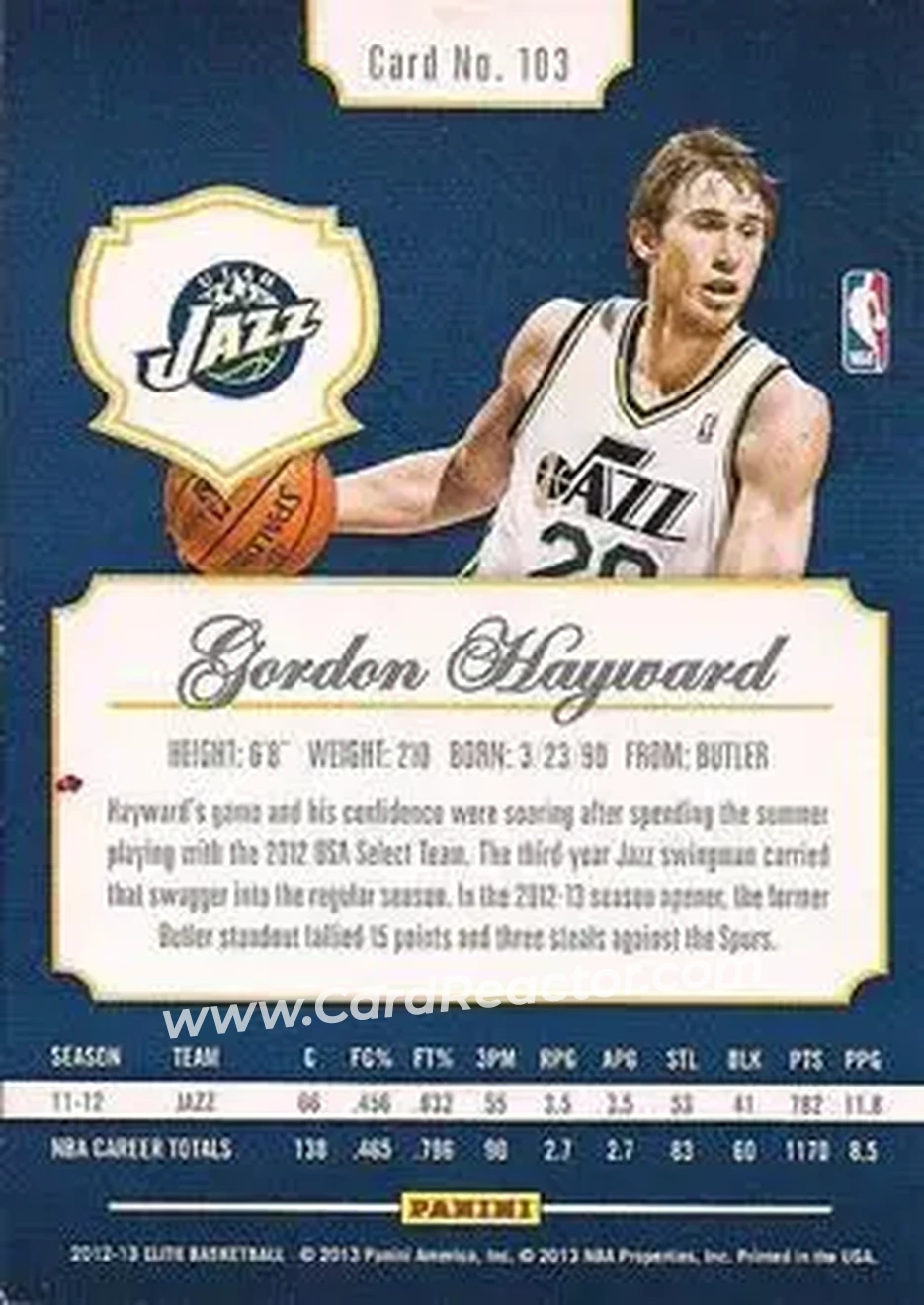 2012-13 Panini Elite #103 - Gordon Hayward - Utah Jazz - Back