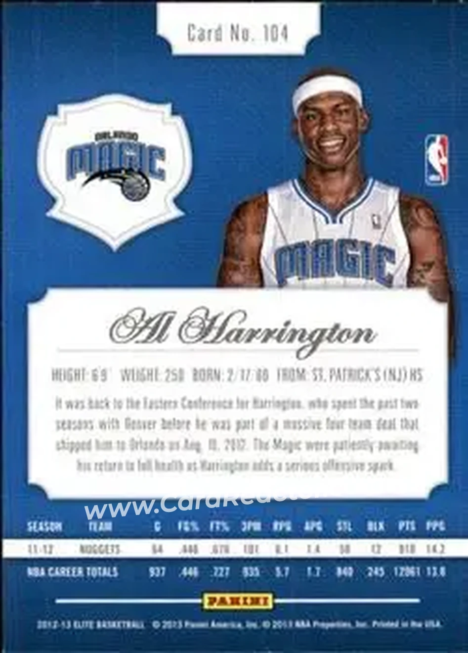 2012-13 Panini Elite #104 - Al Harrington - Orlando Magic - Back