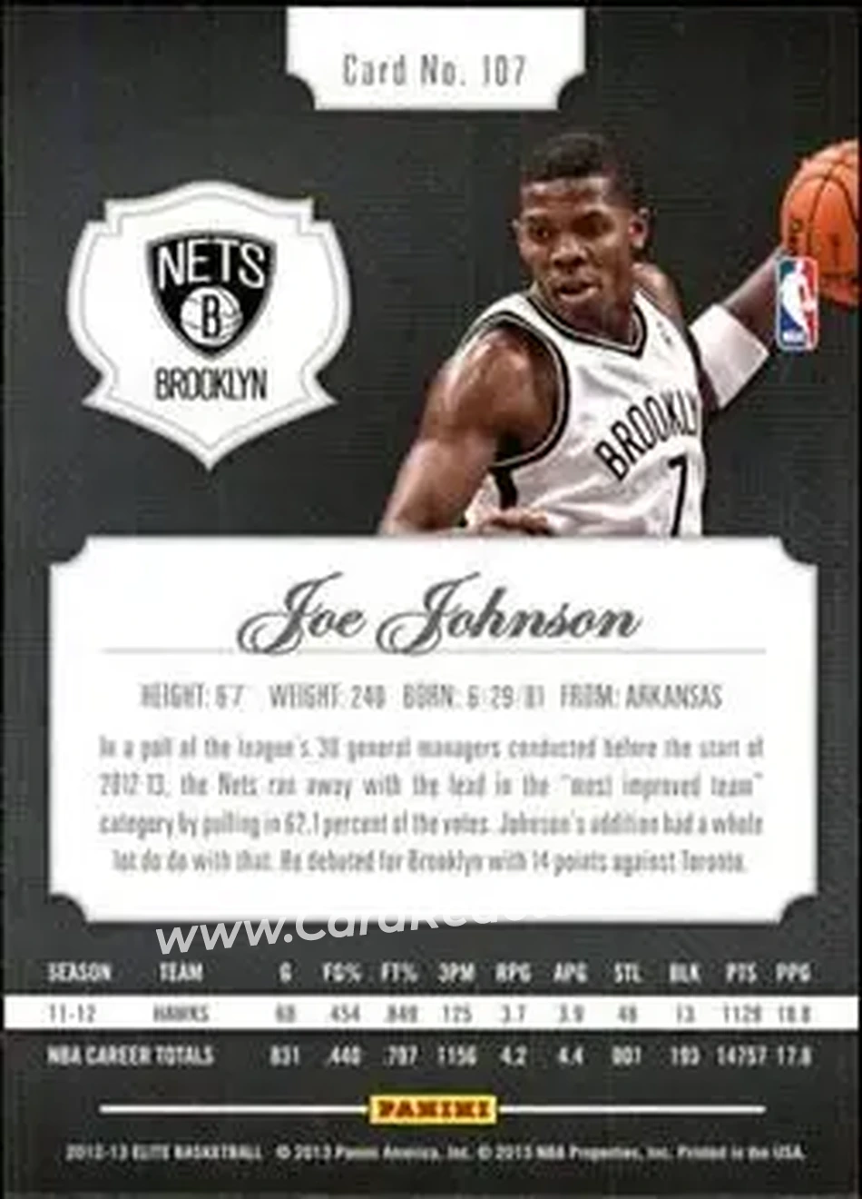 2012-13 Panini Elite #107 - Joe Johnson - Brooklyn Nets - Back 2012-13 Panini Elite #107 - Joe Johnson - Brooklyn Nets - Back