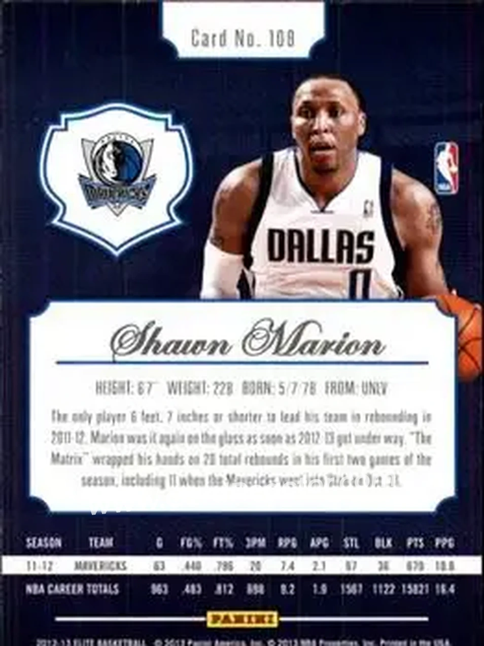 2012-13 Panini Elite #108 - Shawn Marion - Dallas Mavericks - Back 2012-13 Panini Elite #108 - Shawn Marion - Dallas Mavericks - Back