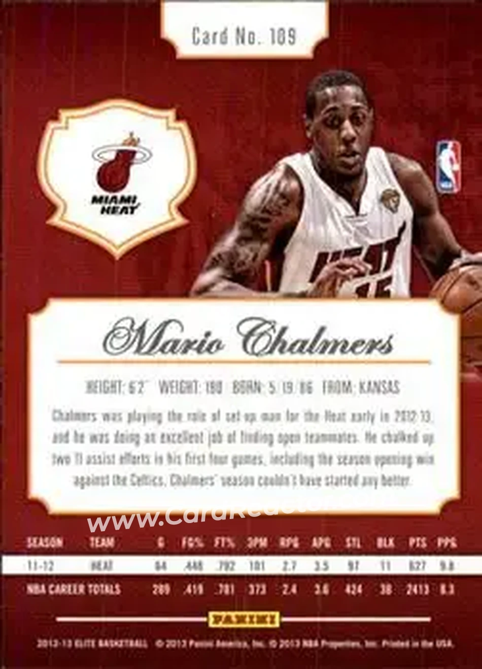 2012-13 Panini Elite #109 - Mario Chalmers - Miami Heat - Back