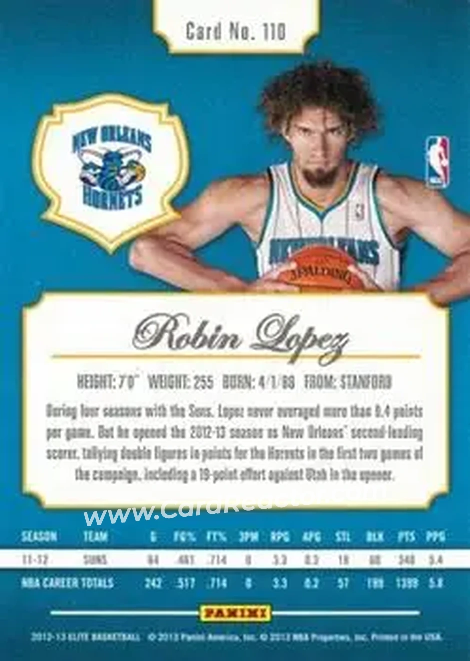 2012-13 Panini Elite #110 - Robin Lopez - New Orleans Hornets - Back 2012-13 Panini Elite #110 - Robin Lopez - New Orleans Hornets - Back