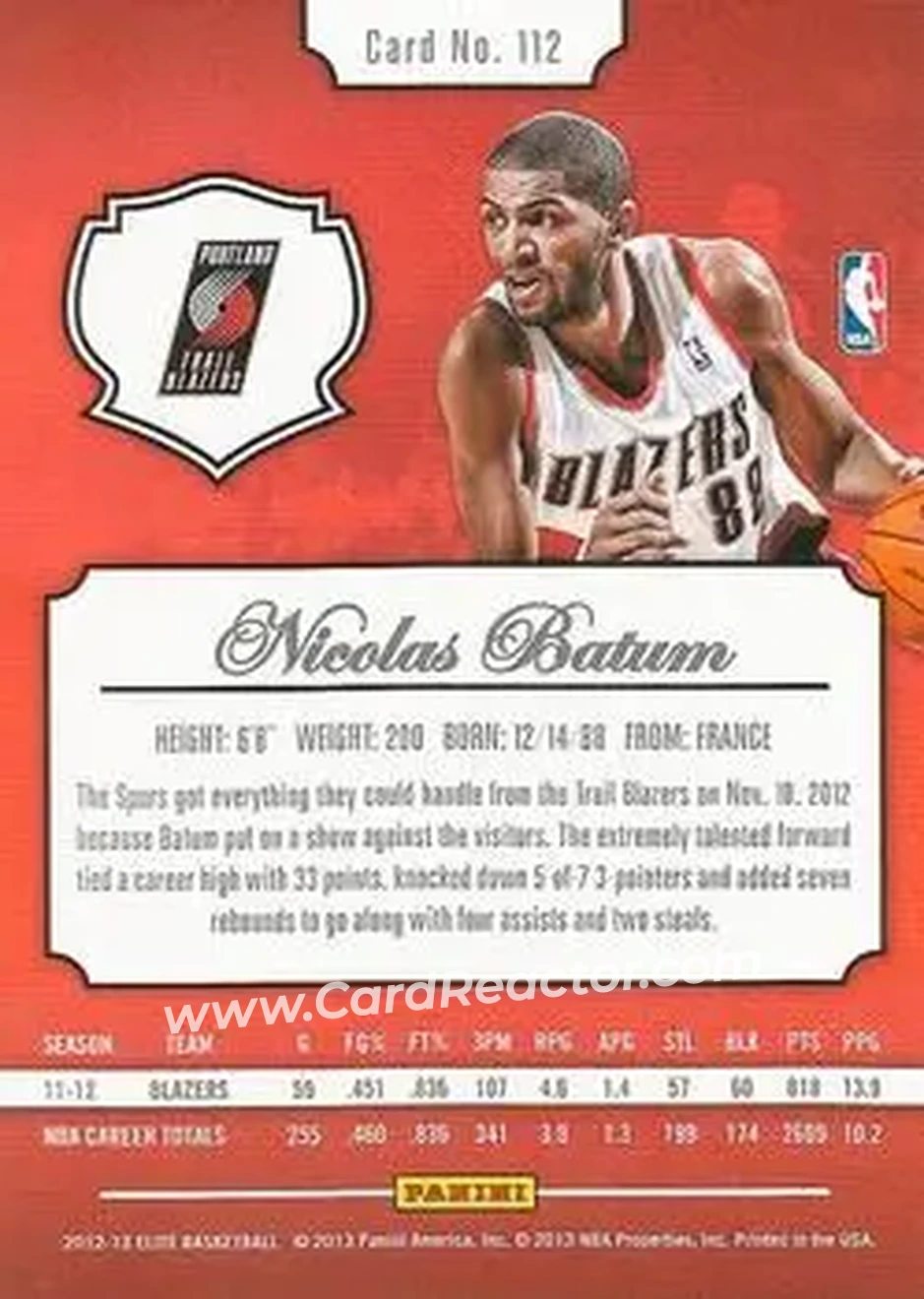 2012-13 Panini Elite #112 - Nicolas Batum - Portland Trail Blazers - Back
