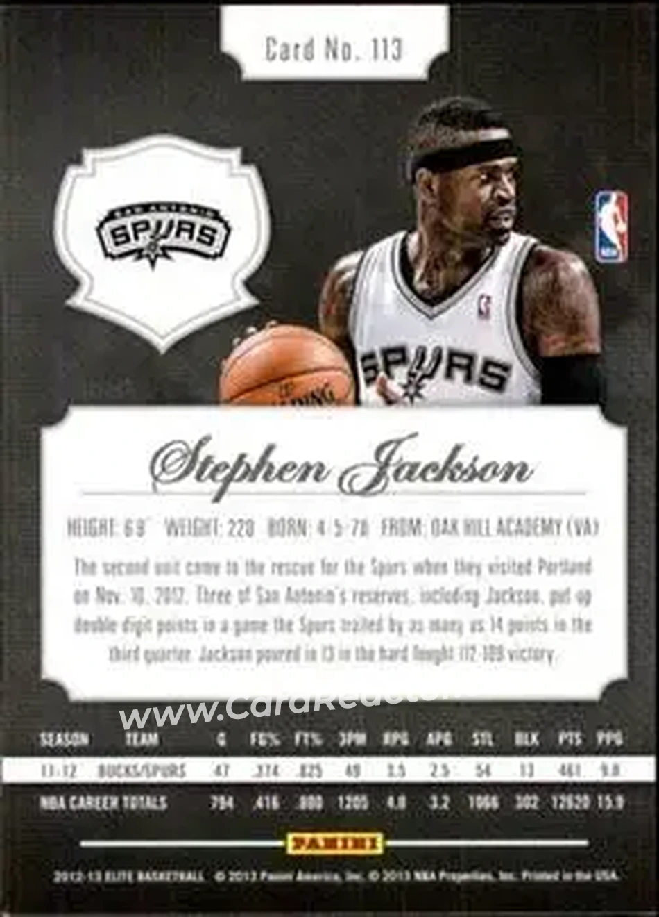 2012-13 Panini Elite #113 - Stephen Jackson - San Antonio Spurs - Back 2012-13 Panini Elite #113 - Stephen Jackson - San Antonio Spurs - Back