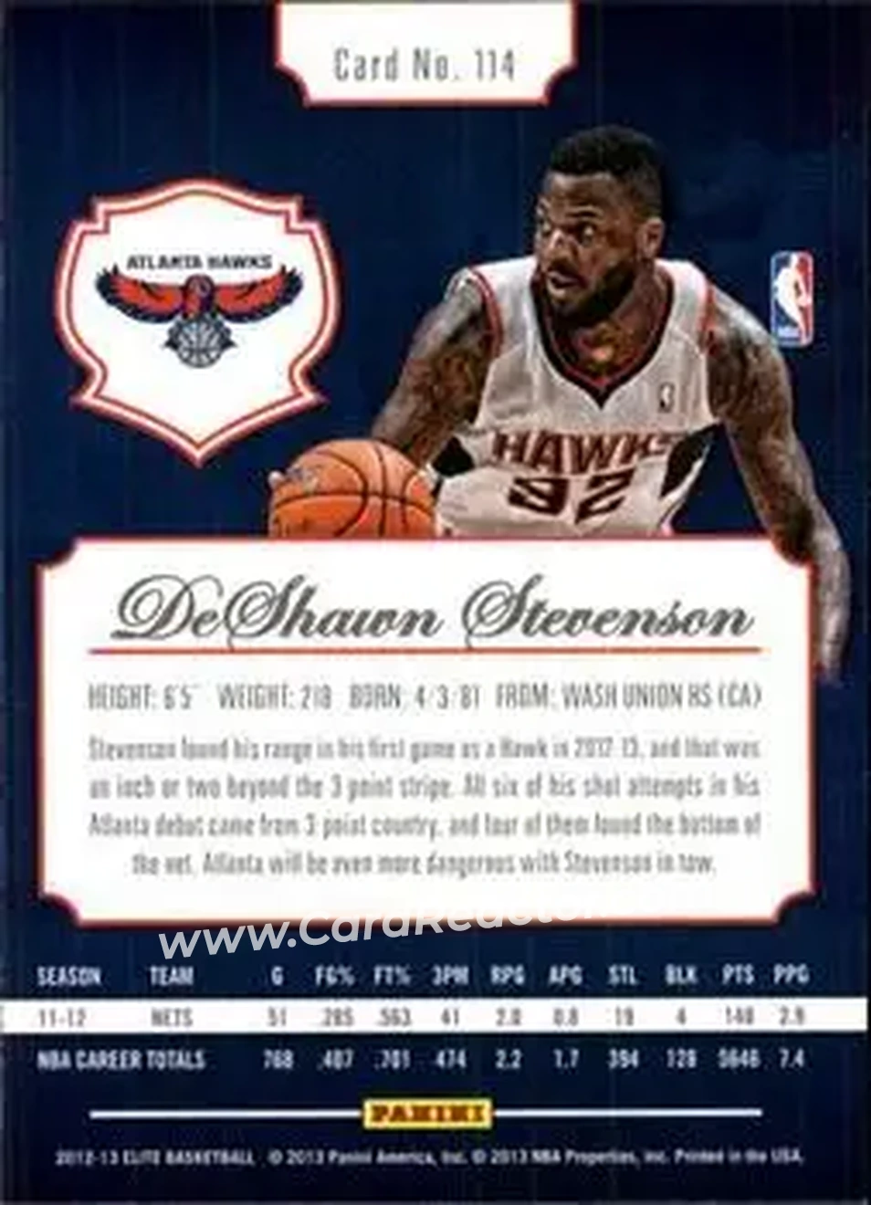 2012-13 Panini Elite #114 - DeShawn Stevenson - Atlanta Hawks - Back