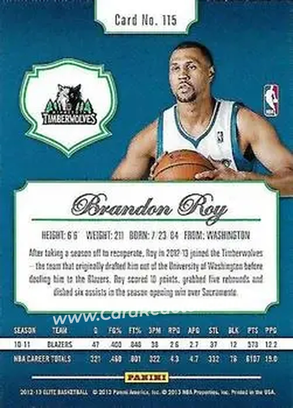 2012-13 Panini Elite #115 - Brandon Roy - Minnesota Timberwolves - Back 2012-13 Panini Elite #115 - Brandon Roy - Minnesota Timberwolves - Back