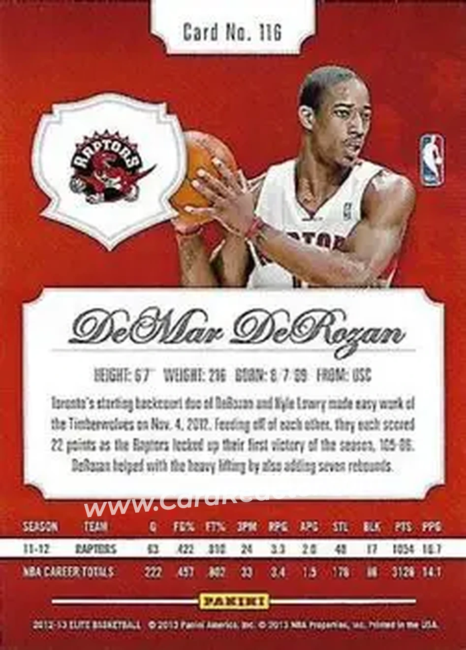 2012-13 Panini Elite #116 - DeMar DeRozan - Toronto Raptors - Back