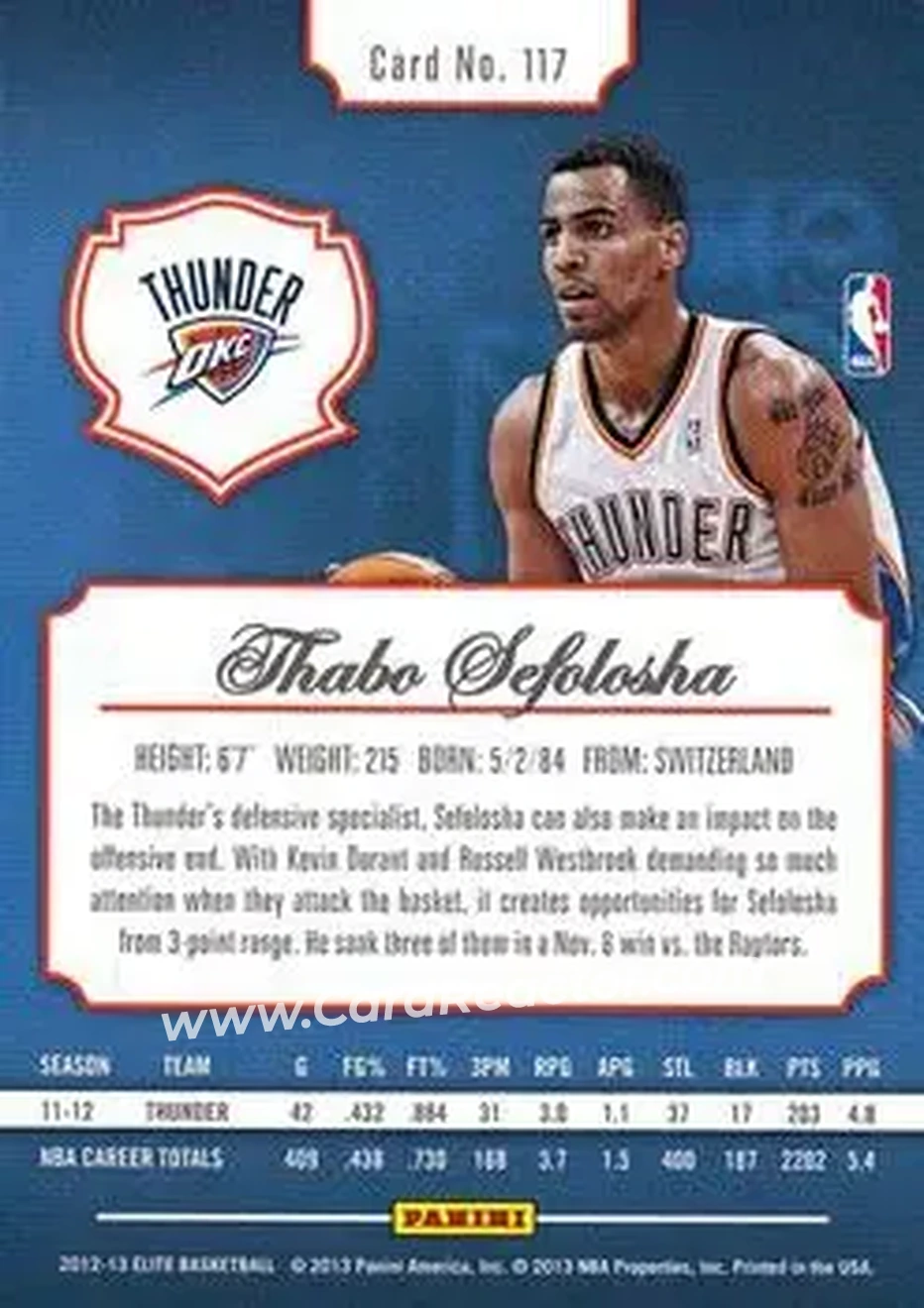 2012-13 Panini Elite #117 - Thabo Sefolosha - Oklahoma City Thunder - Back