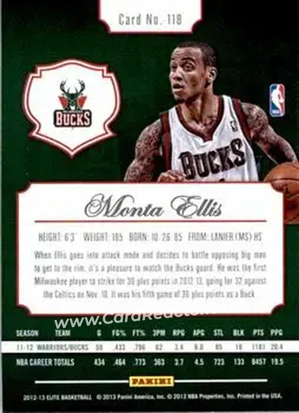 2012-13 Panini Elite #118 - Monta Ellis - Milwaukee Bucks - Back