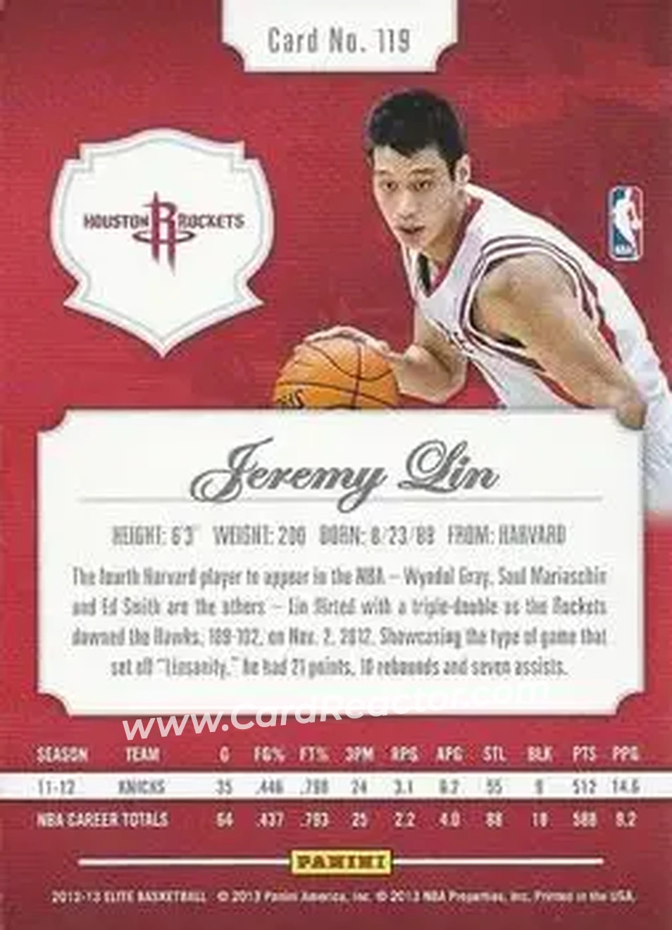 2012-13 Panini Elite #119 - Jeremy Lin - Houston Rockets - Back