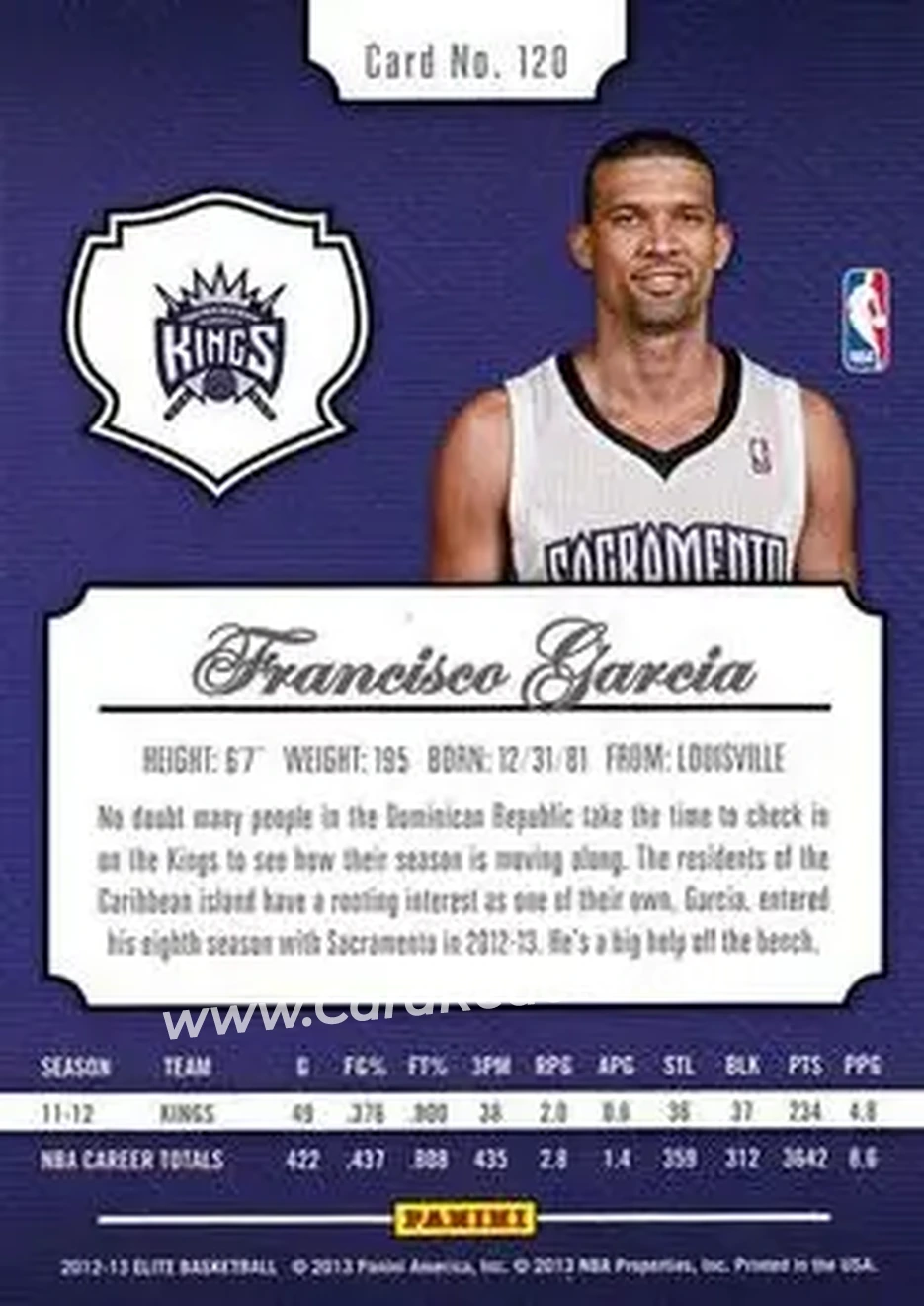 2012-13 Panini Elite #120 - Francisco García - Sacramento Kings - Back