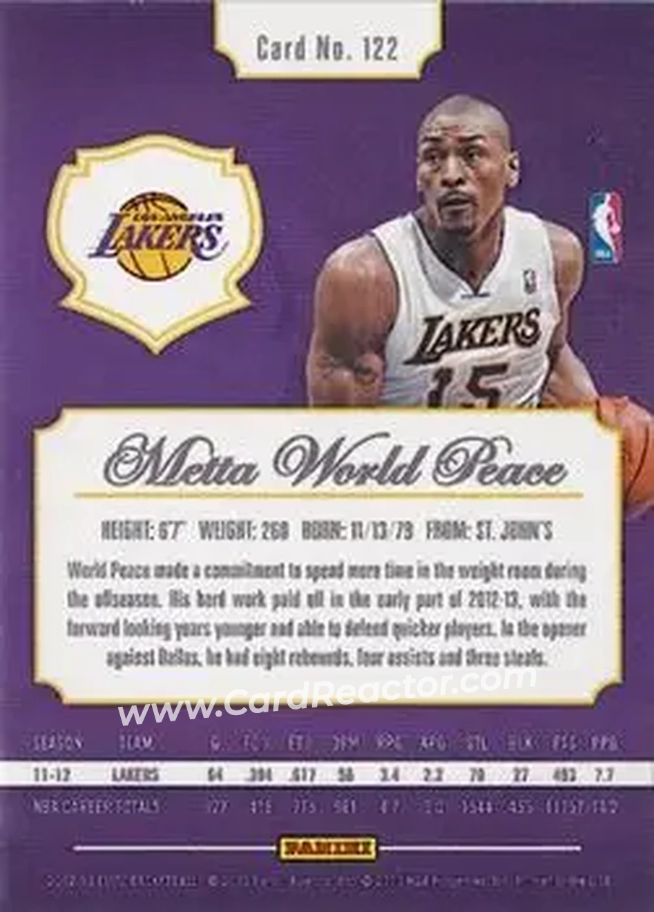 2012-13 Panini Elite #122 - Metta World Peace - Los Angeles Lakers - Back 2012-13 Panini Elite #122 - Metta World Peace - Los Angeles Lakers - Back
