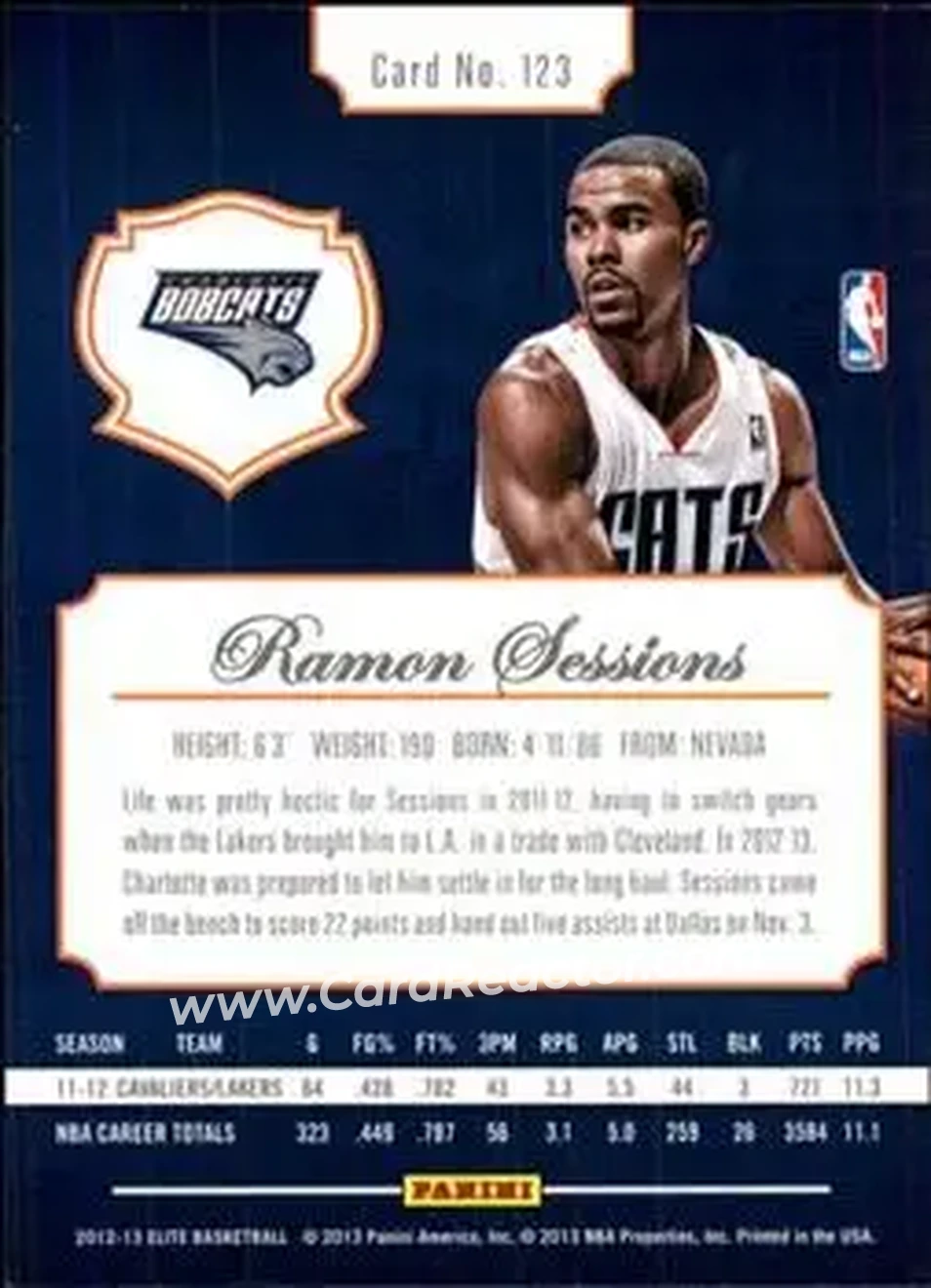 2012-13 Panini Elite #123 - Ramon Sessions - Charlotte Bobcats - Back