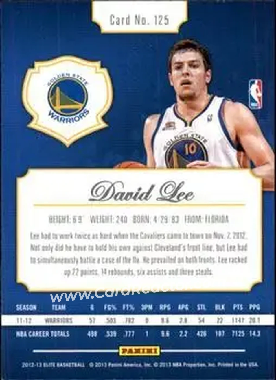 2012-13 Panini Elite #125 - David Lee - Golden State Warriors - Back
