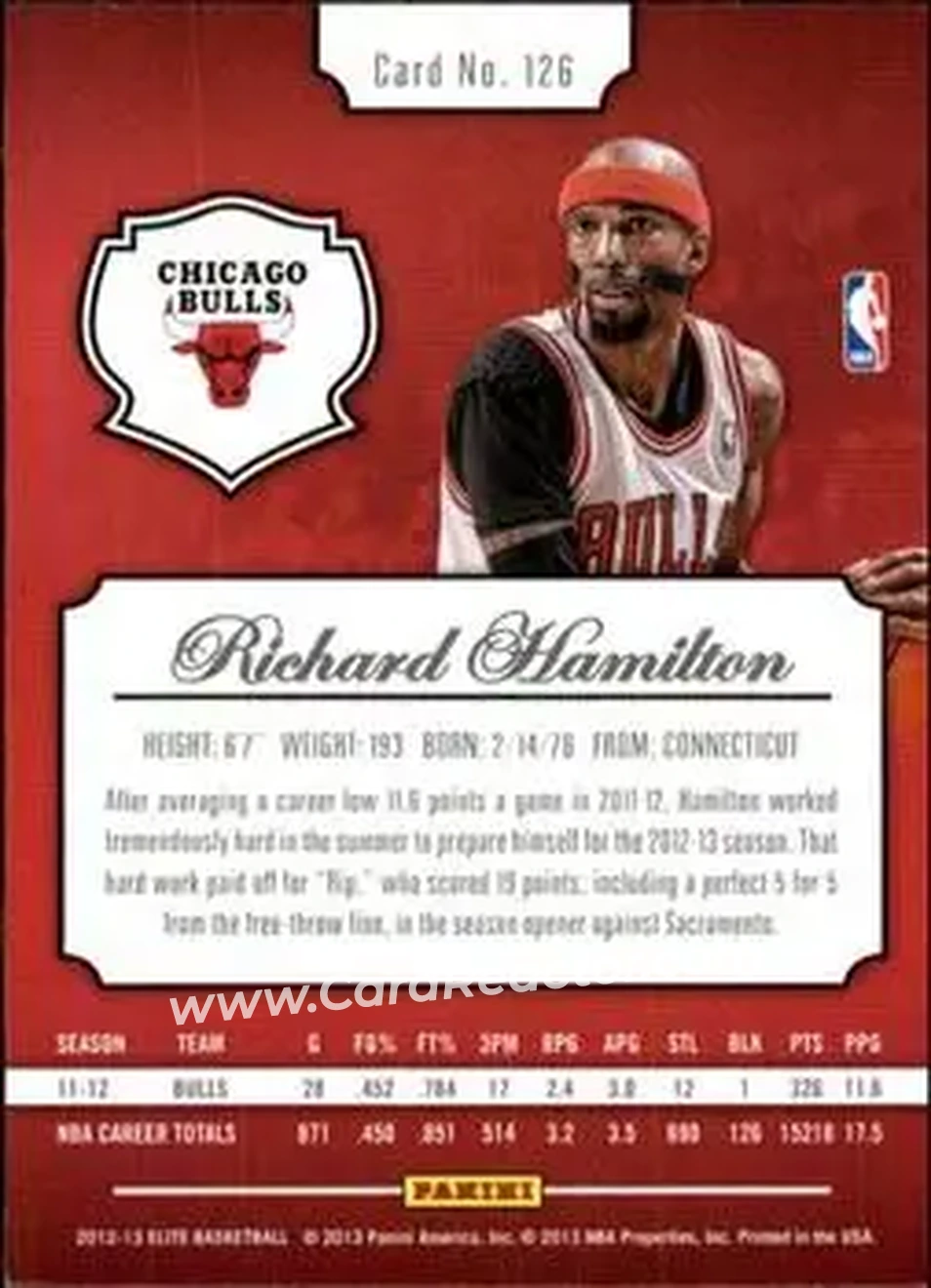 2012-13 Panini Elite #126 - Rip Hamilton - Chicago Bulls - Back 2012-13 Panini Elite #126 - Rip Hamilton - Chicago Bulls - Back