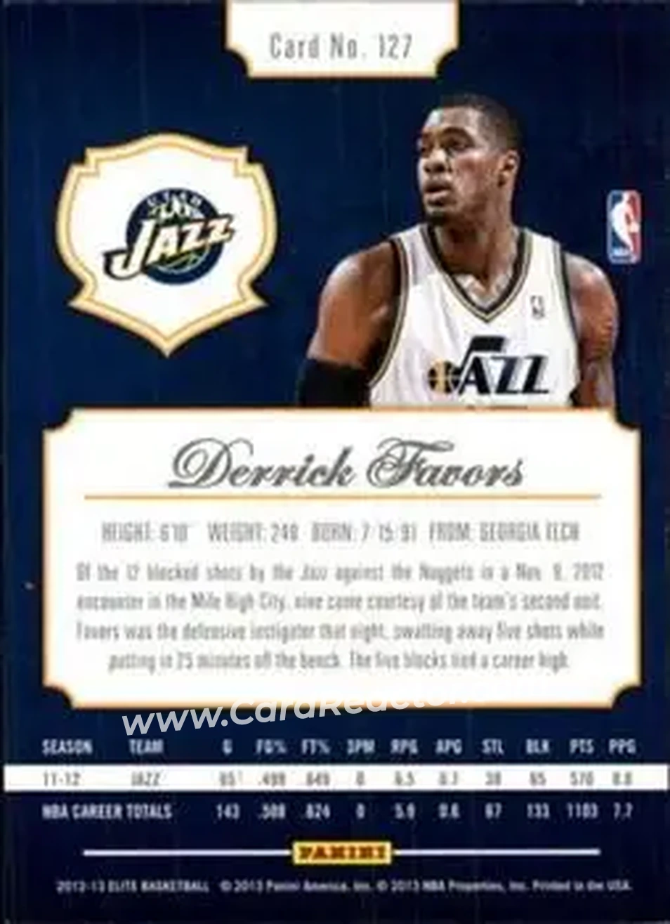 2012-13 Panini Elite #127 - Derrick Favors - Utah Jazz - Back