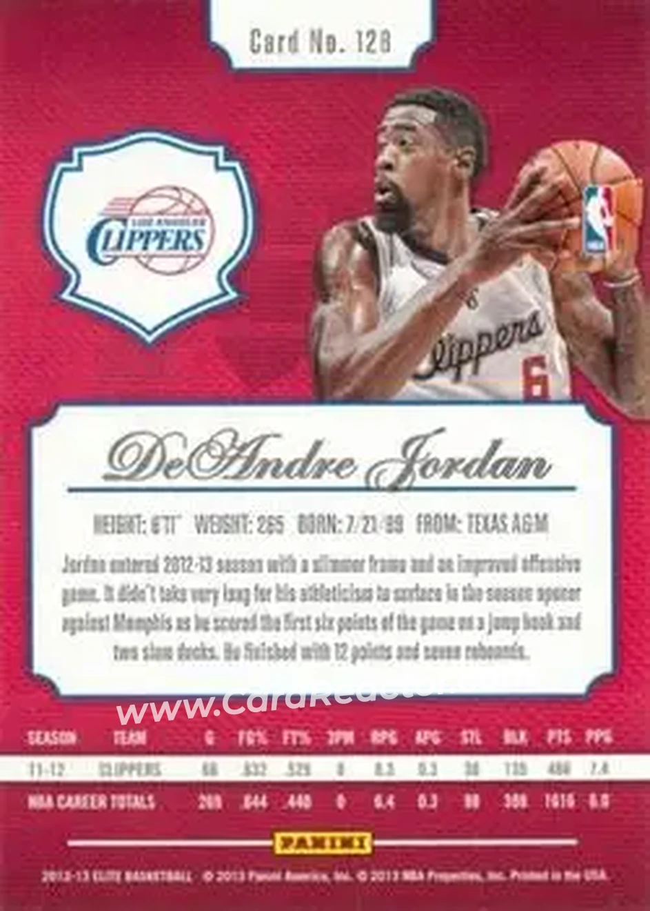 2012-13 Panini Elite #128 - DeAndre Jordan - Los Angeles Clippers - Back