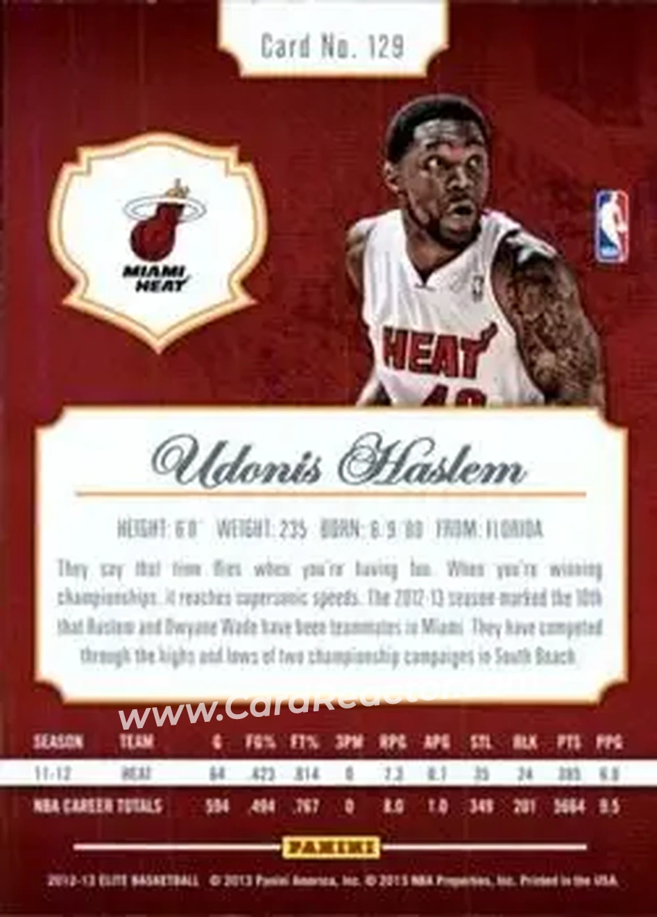 2012-13 Panini Elite #129 - Udonis Haslem - Miami Heat - Back 2012-13 Panini Elite #129 - Udonis Haslem - Miami Heat - Back
