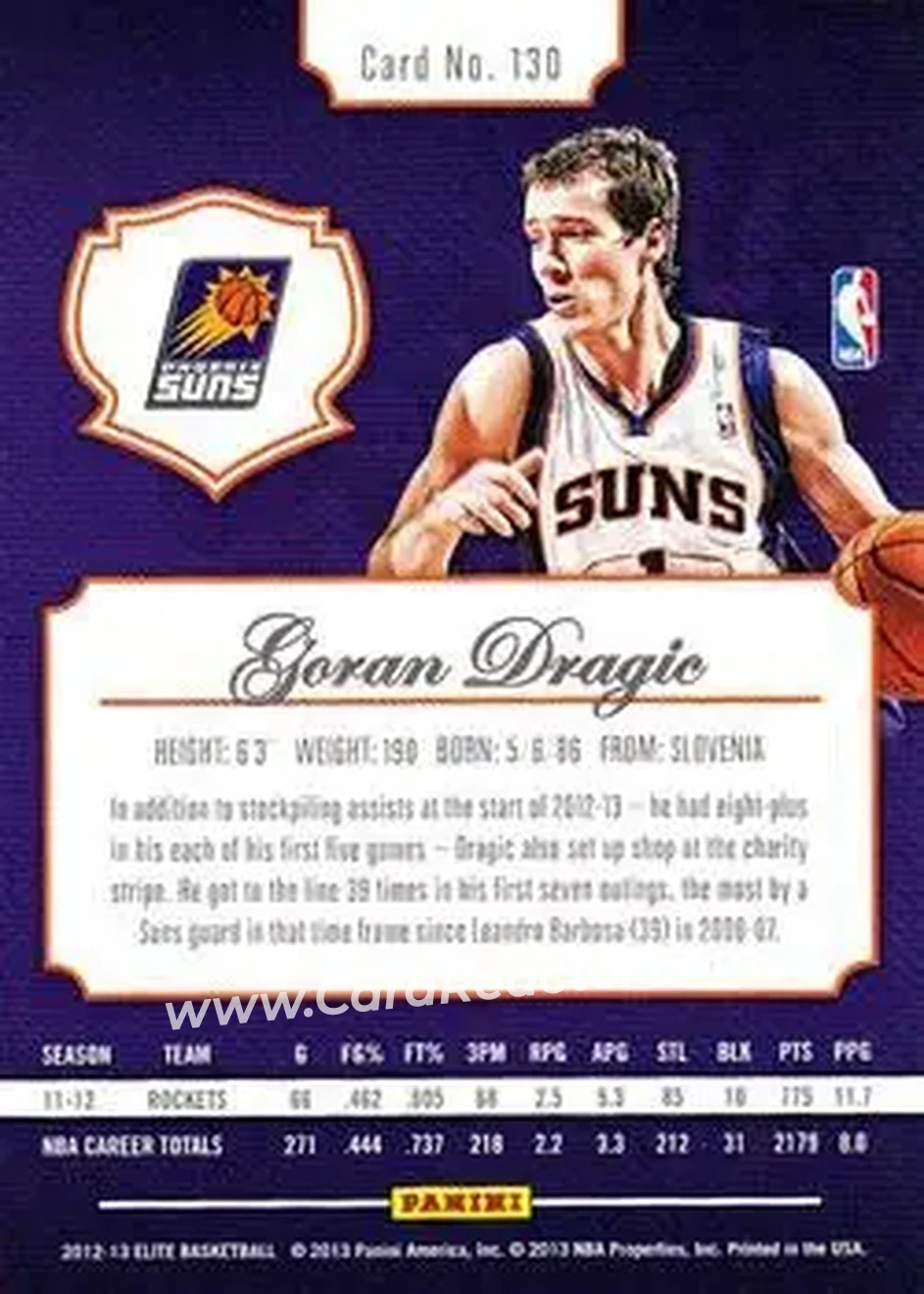2012-13 Panini Elite #130 - Goran Dragić - Phoenix Suns - Back 2012-13 Panini Elite #130 - Goran Dragić - Phoenix Suns - Back