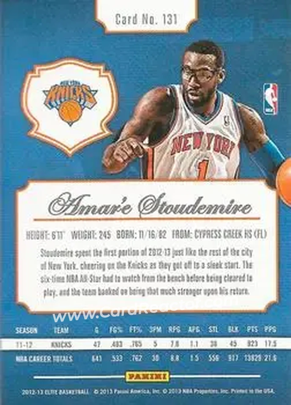 2012-13 Panini Elite #131 - Amar'e Stoudemire - New York Knicks - Back