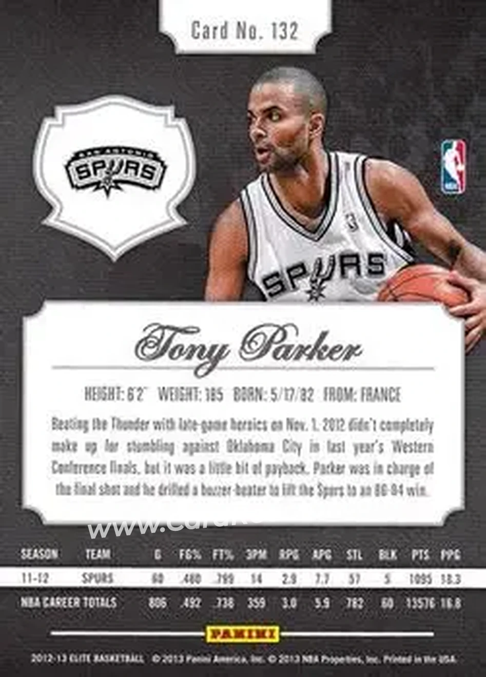 2012-13 Panini Elite #132 - Tony Parker - San Antonio Spurs - Back