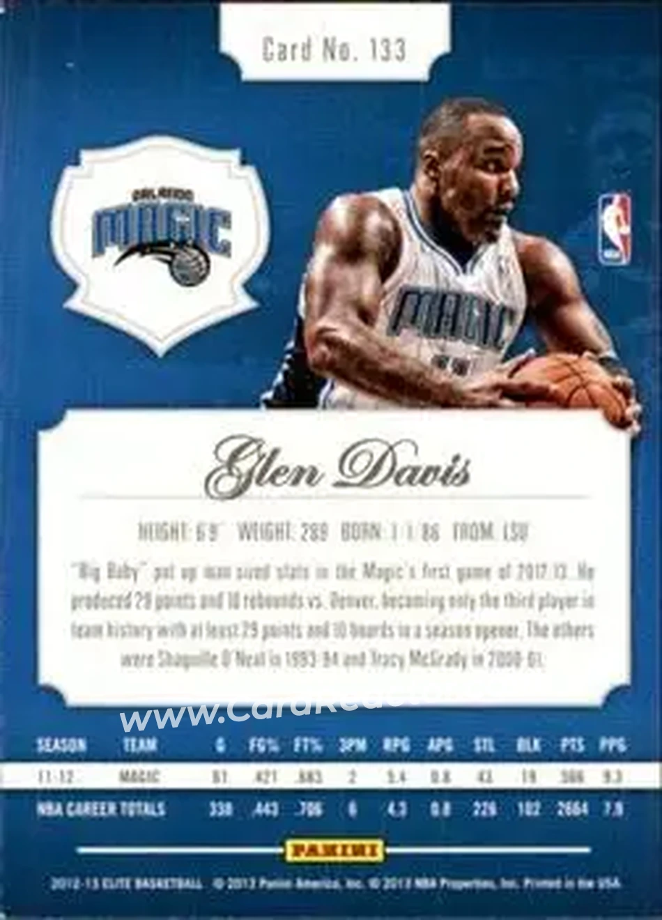 2012-13 Panini Elite #133 - Glen Davis - Orlando Magic - Back 2012-13 Panini Elite #133 - Glen Davis - Orlando Magic - Back