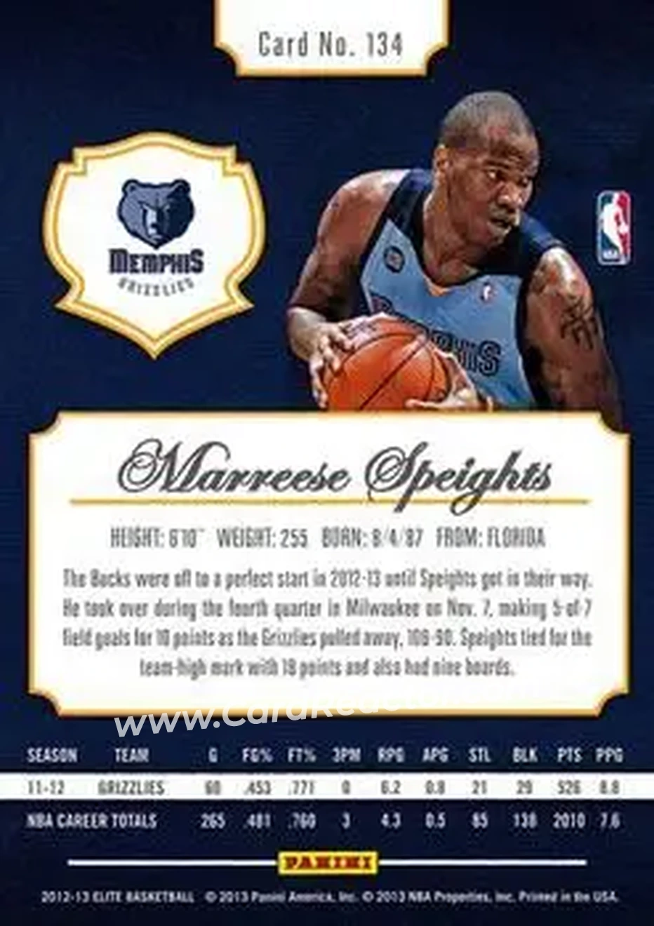 2012-13 Panini Elite #134 - Marreese Speights - Memphis Grizzlies - Back