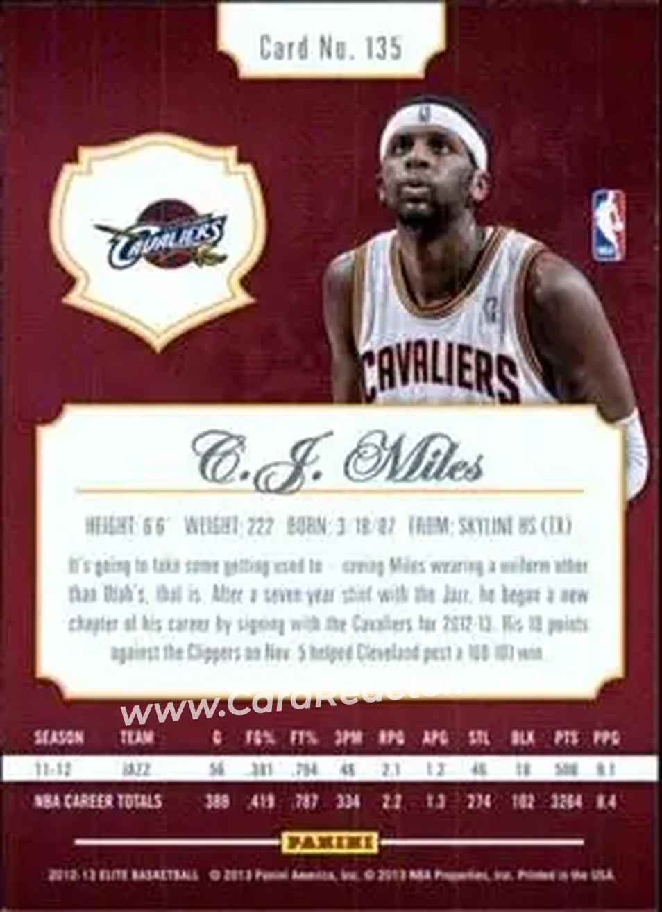 2012-13 Panini Elite #135 - C.J. Miles - Cleveland Cavaliers - Back
