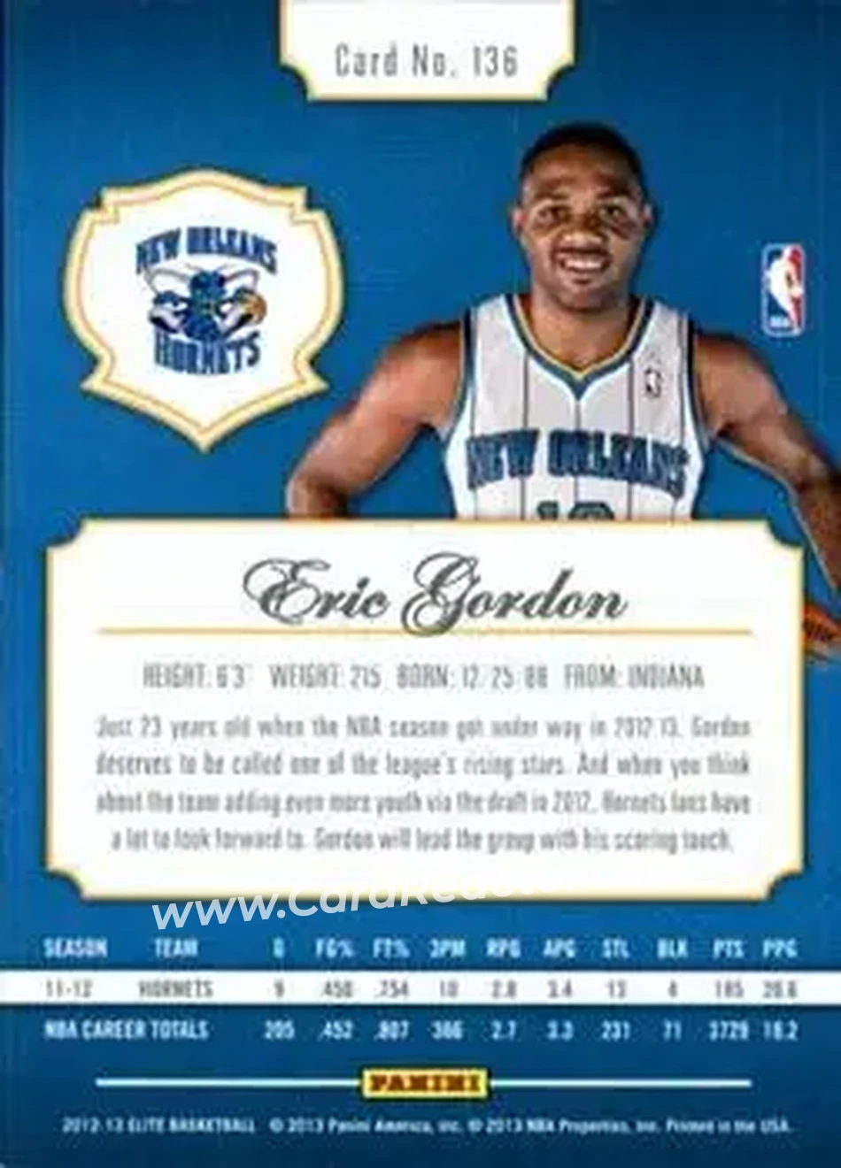 2012-13 Panini Elite #136 - Eric Gordon - New Orleans Hornets - Back 2012-13 Panini Elite #136 - Eric Gordon - New Orleans Hornets - Back