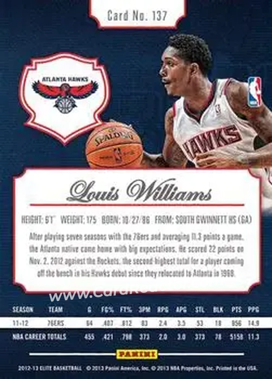 2012-13 Panini Elite #137 - Lou Williams - Atlanta Hawks - Back