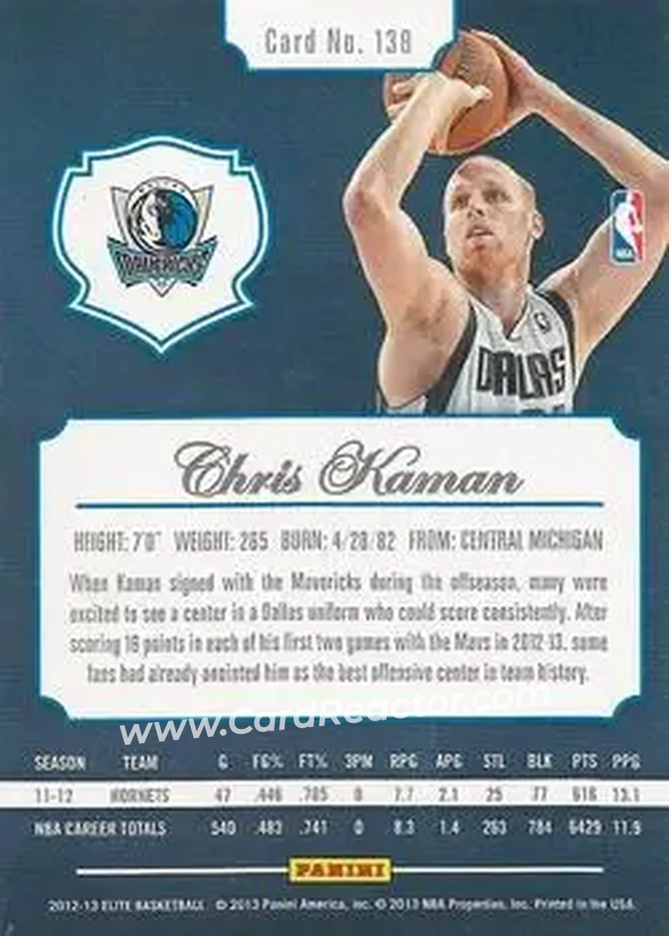 2012-13 Panini Elite #138 - Chris Kaman - Dallas Mavericks - Back