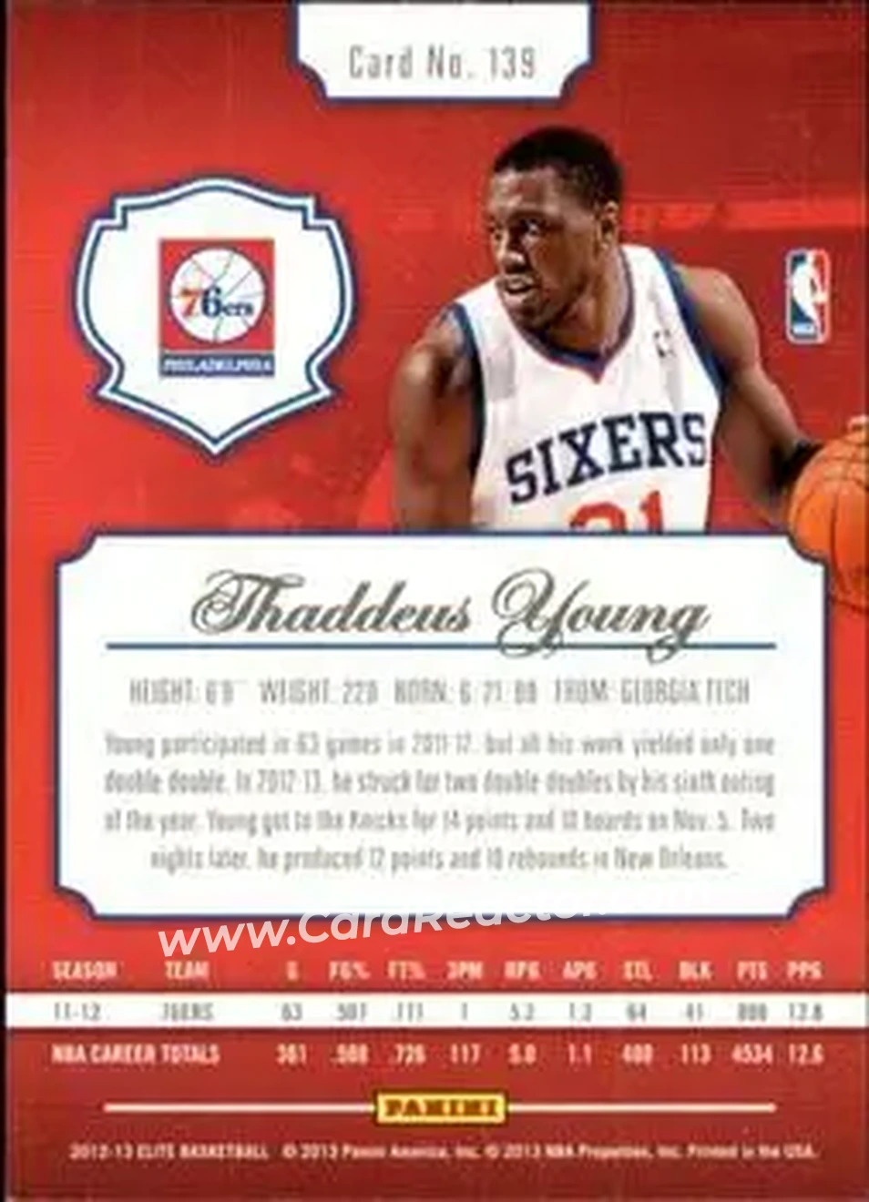 2012-13 Panini Elite #139 - Thaddeus Young - Philadelphia 76ers - Back 2012-13 Panini Elite #139 - Thaddeus Young - Philadelphia 76ers - Back