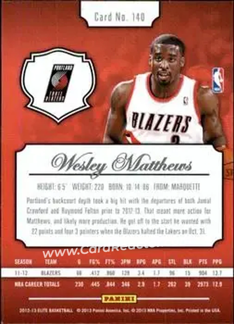 2012-13 Panini Elite #140 - Wesley Matthews - Portland Trail Blazers - Back
