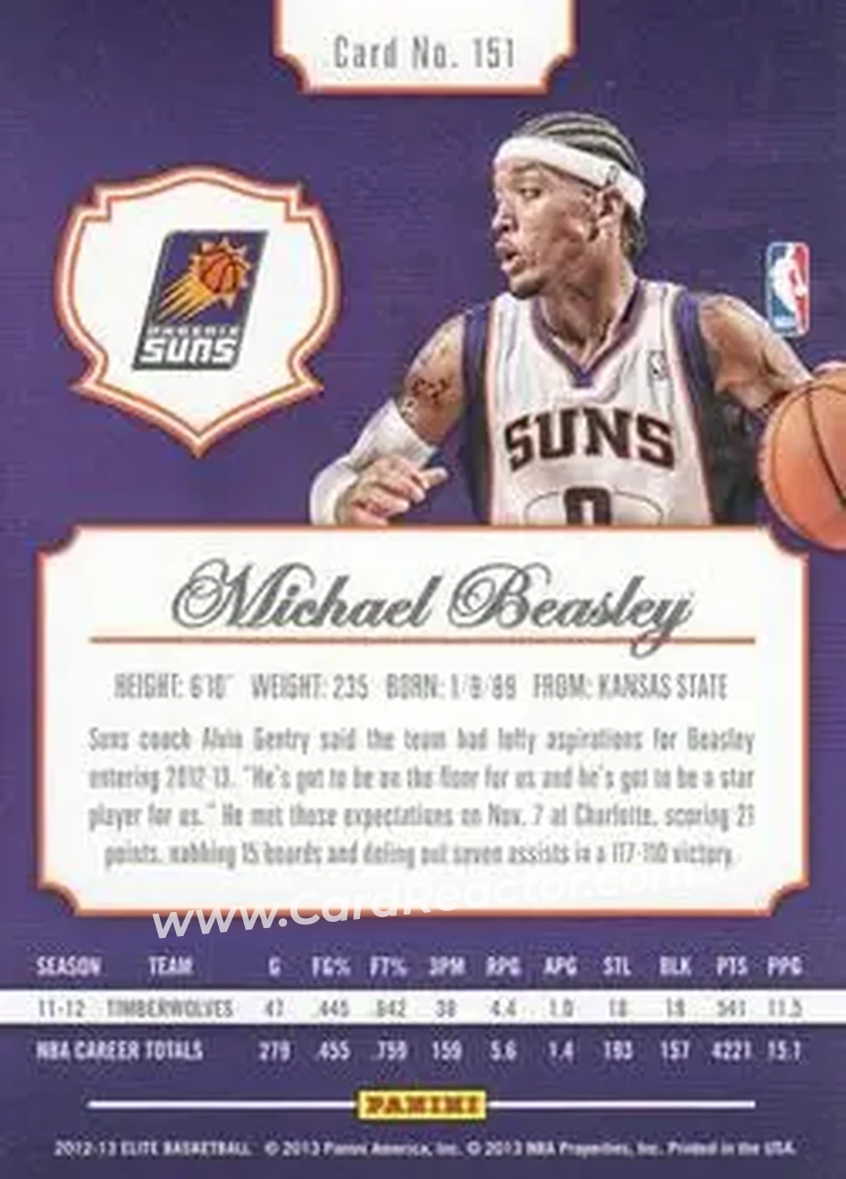 2012-13 Panini Elite #151 - Michael Beasley - Phoenix Suns - Back 2012-13 Panini Elite #151 - Michael Beasley - Phoenix Suns - Back