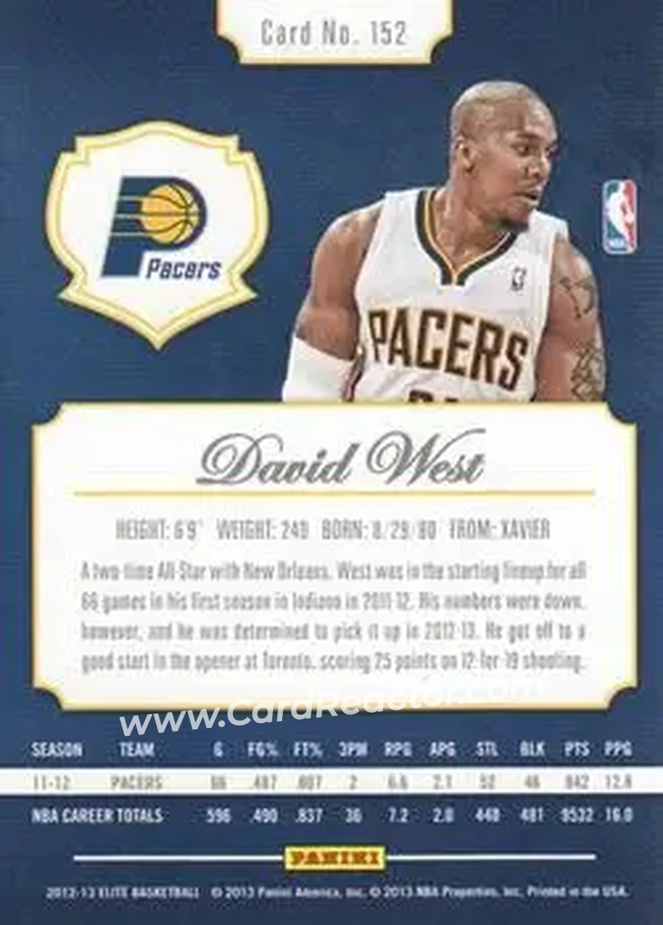 2012-13 Panini Elite #152 - David West - Indiana Pacers - Back 2012-13 Panini Elite #152 - David West - Indiana Pacers - Back