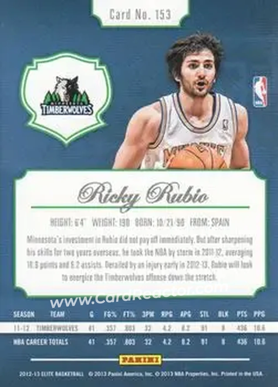 2012-13 Panini Elite #153 - Ricky Rubio - Minnesota Timberwolves - Back