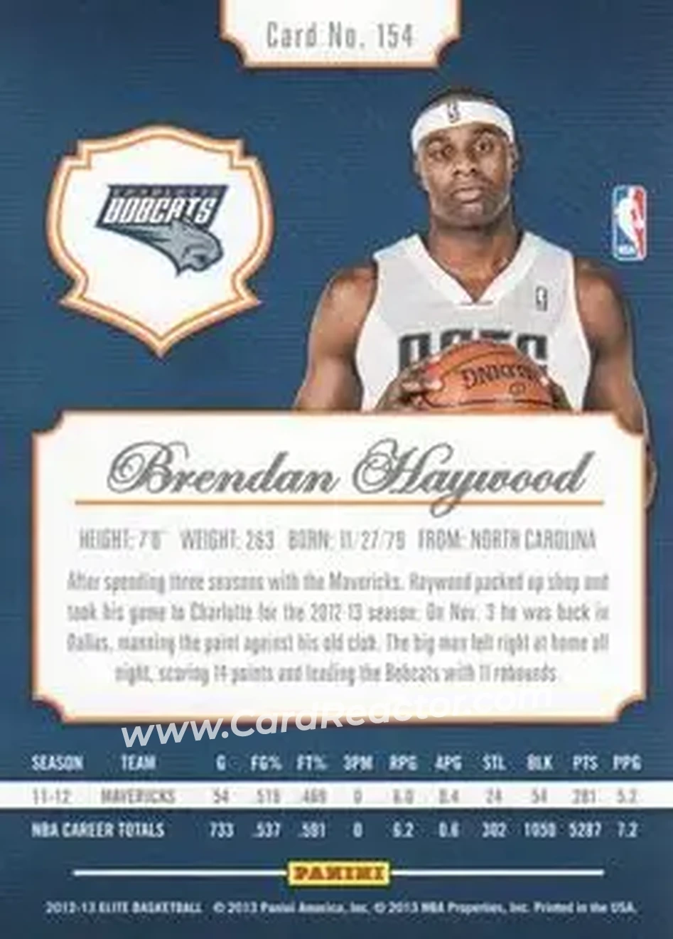 2012-13 Panini Elite #154 - Brendan Haywood - Charlotte Bobcats - Back