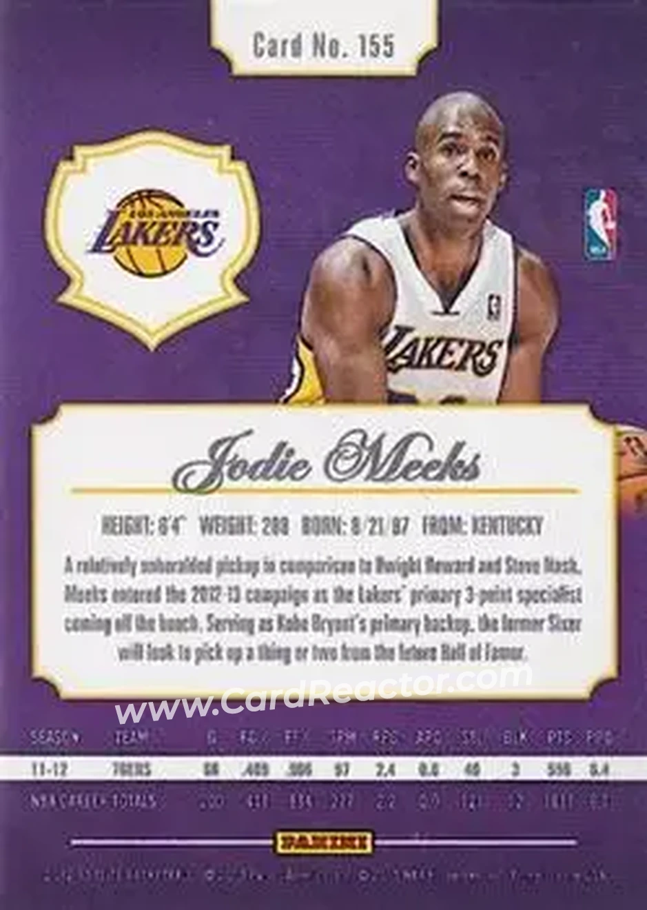 2012-13 Panini Elite #155 - Jodie Meeks - Los Angeles Lakers - Back