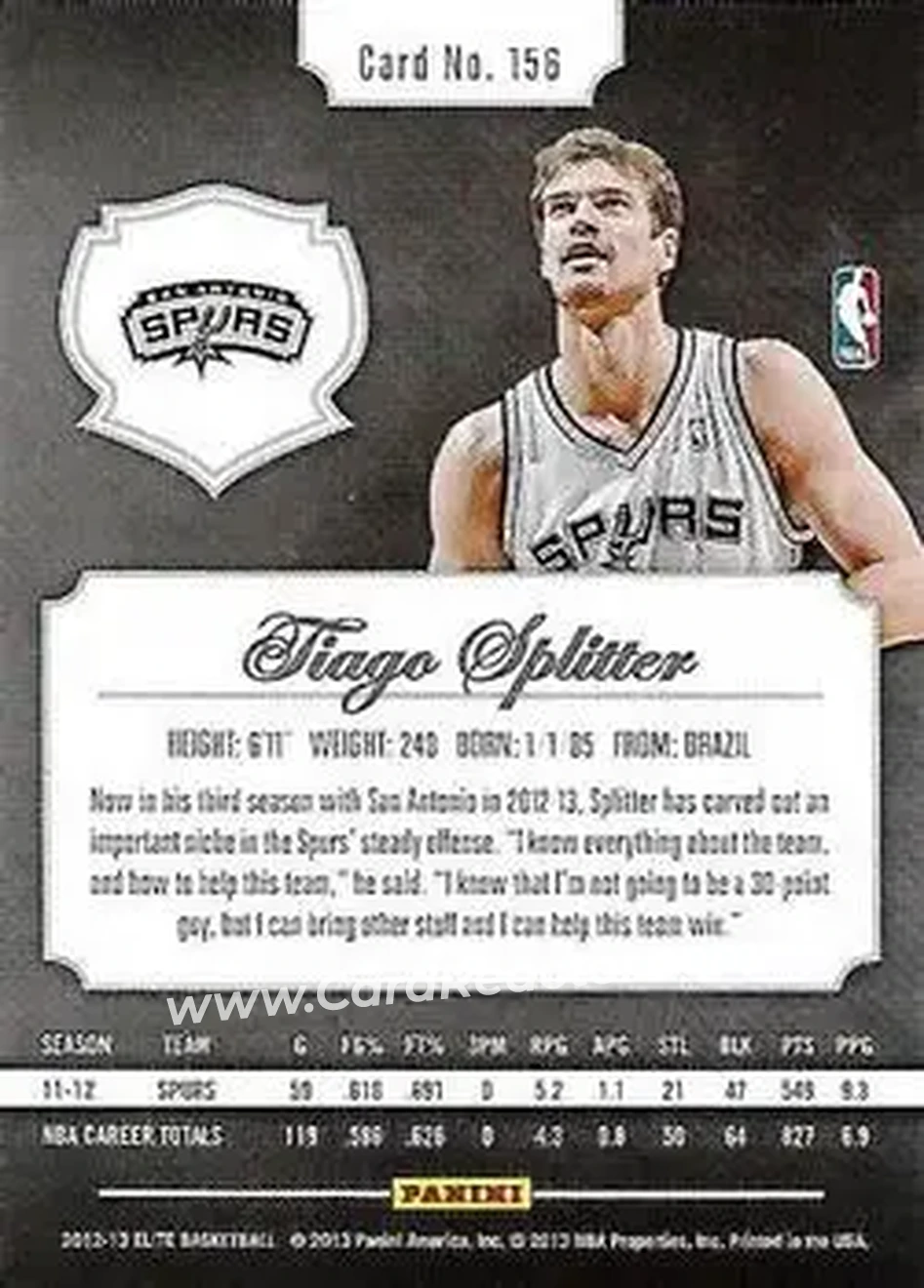 2012-13 Panini Elite #156 - Tiago Splitter - San Antonio Spurs - Back